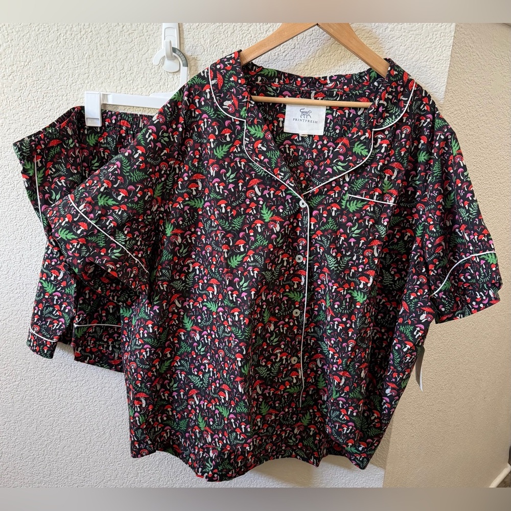 PRINTFRESH 4X Organic Cotton Shorts Pajama Set Mushroom & Leaf Print - Picture 1 of 16